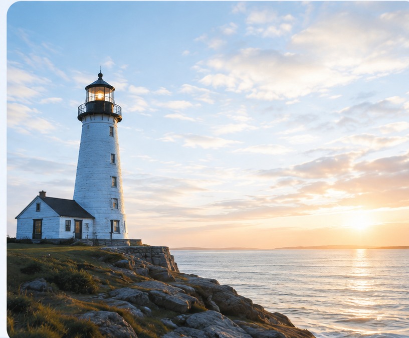 Lighthouse at sunrise over the water